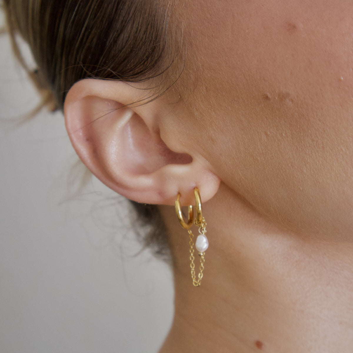 18k Gold Plated Dual Hoop Tassel Earrings with Pearl